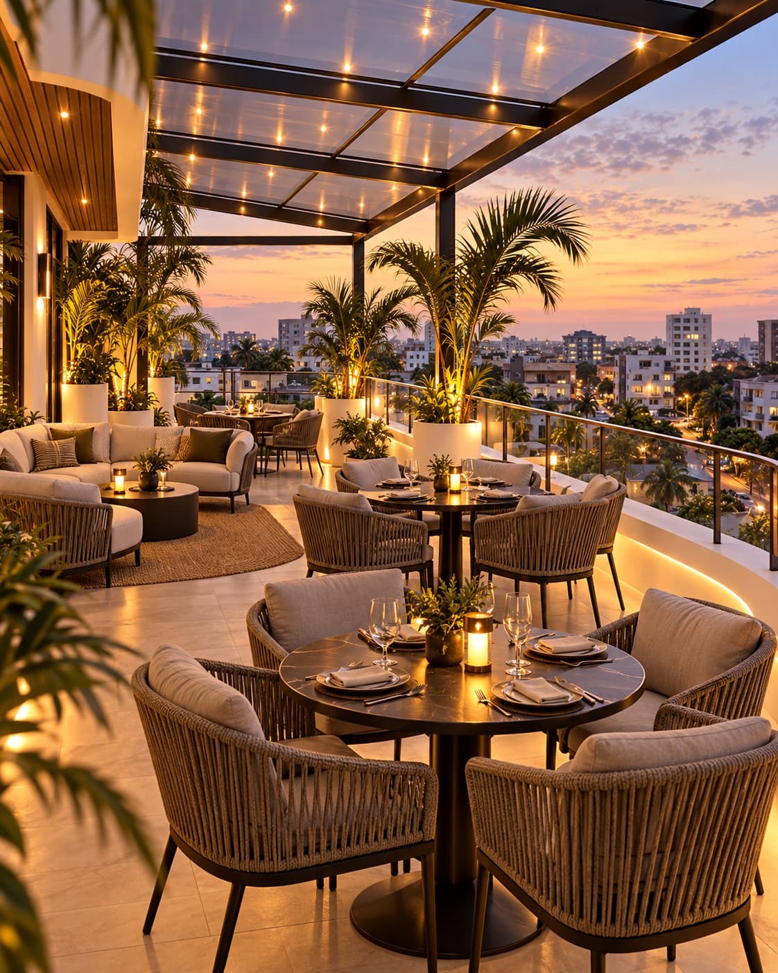 Rooftop restaurant and lounge at dusk